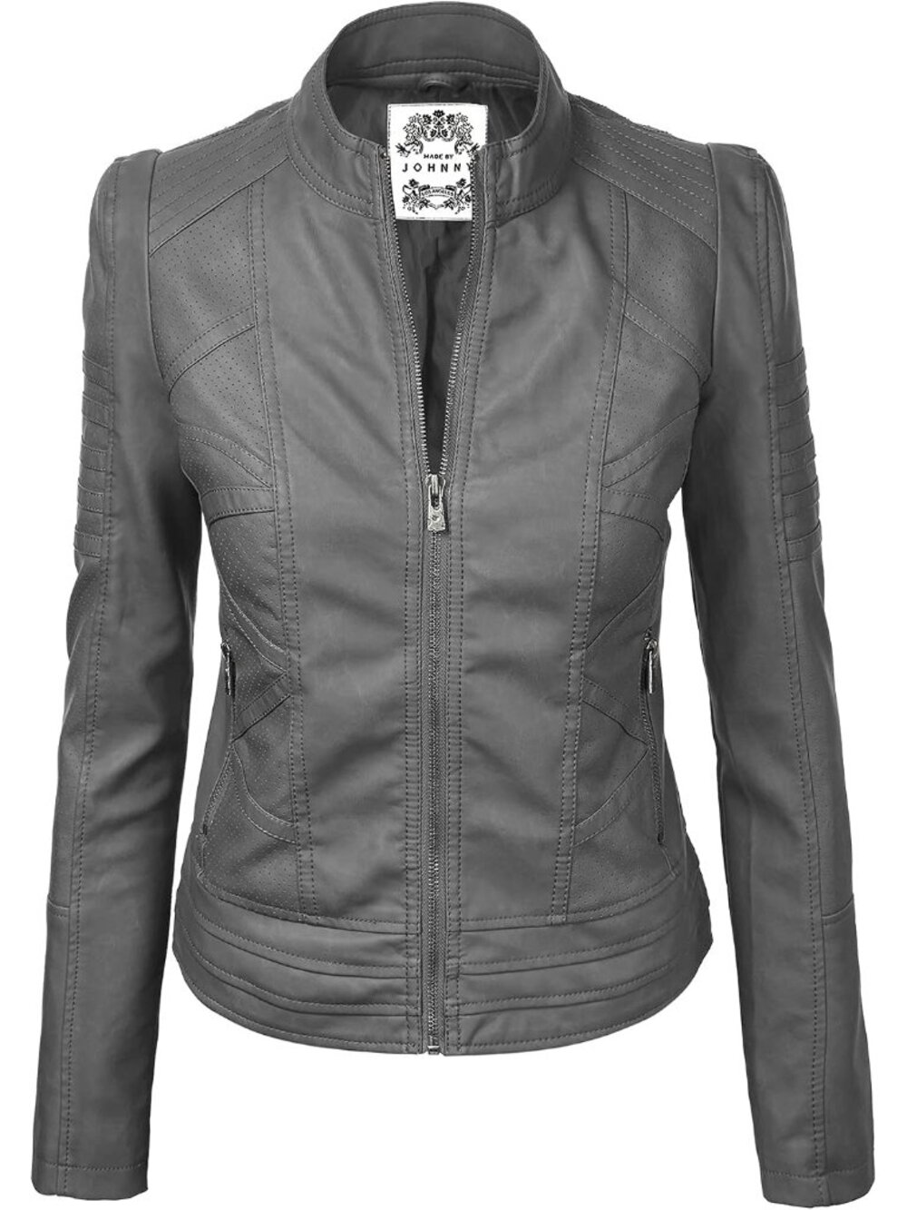 〽️Women's Grey Faux Leather Stitching Long Sleeve Zip Up Moto Biker Jackets